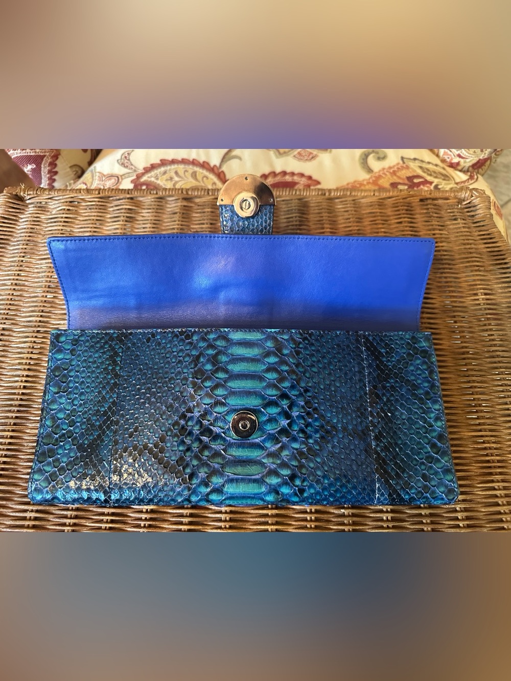 SALVATORE FERRAGAMO Exotic Blue Python Leather Clutch w/Gancini Motif Front Flap - Picture 6 of 9